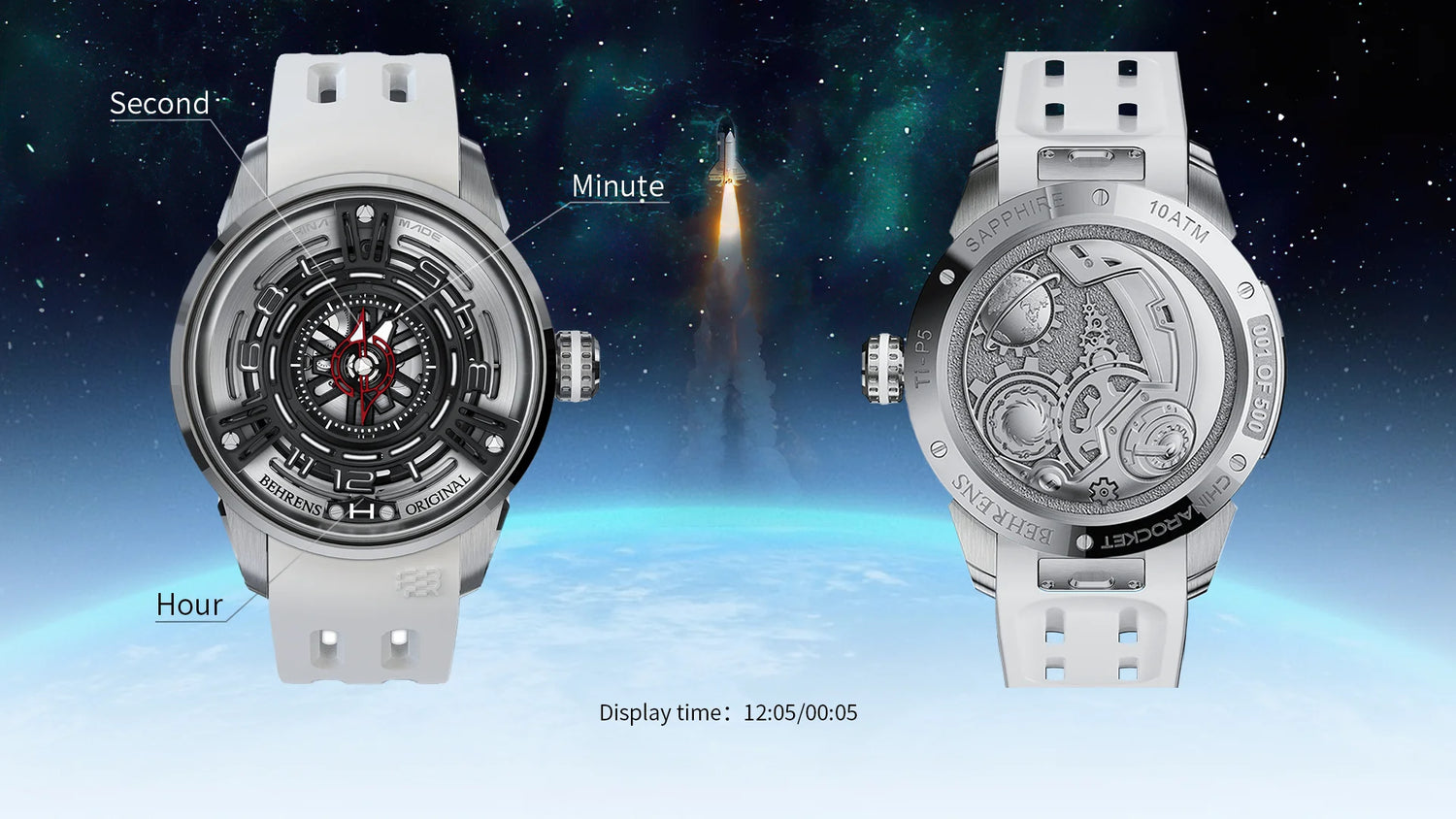 behrens original mechanical watches series starship-II x china rocket watch front back display