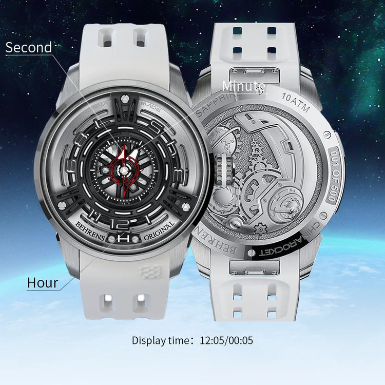 behrens original mechanical watches series starship-II x china rocket watch front back display